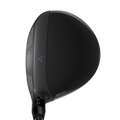 Top view of the Callaway 2025 REVA Rise Womens Fairway Wood, featuring a black carbon fiber pattern, white alignment markings, a turquoise logo, and REVA printed by the hosel for effortless distance.