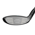 Close-up of the Callaway 2025 REVA Rise Womens Fairway Wood club head, featuring a metallic face with grooves, AI 10K FACE etched near the bottom, and a sleek black and silver finish for high launch and effortless distance.