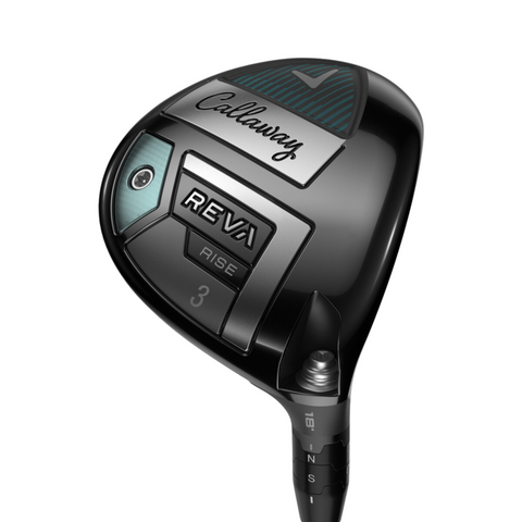A close-up of the Callaway 2025 REVA Rise Womens Fairway Wood, featuring a sleek black and silver design, Callaway branding, and markings for high launch and easy distance.