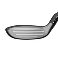 Close-up of the Callaway 2025 REVA Rise Womens Hybrid, showing its forgiving club head with horizontal grooves, adjustable hosel for loft and lie, and a sleek metallic finish for easy launch and control.
