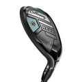 A close-up of the Callaway 2025 REVA Rise Womens Hybrid, showcasing its sleek black design, branded details, and adjustable features—a high-launch, forgiving hybrid golf club.