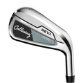 A close-up of the Callaway 2025 REVA Rise Womens Irons Set (6–PW + SW + AW) shows silver clubs with black, gray, and blue accents on the clubheads, designed for easy launch and forgiveness—ideal for women golfers.