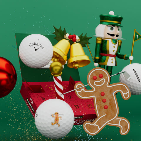 A festive scene features Callaway 2025 Supersoft 12-Day Advent Calendar Golf Balls by Callaway, surrounded by a gingerbread man cookie, golden jingle bells, a red ornament, and a nutcracker figurine against a green background.