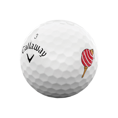 A Callaway 2025 Supersoft Advent Calendar golf ball, white with the number 3 and a red-and-white striped ornament—an ideal festive gift or addition to your holiday golf countdown.