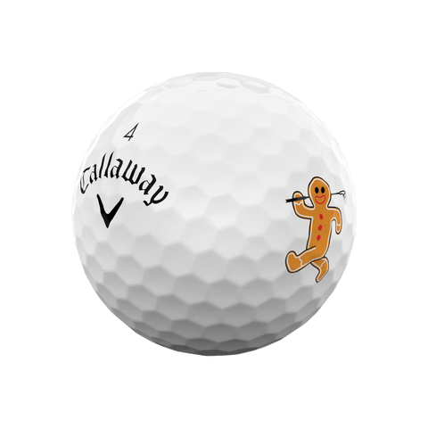 A white Callaway 2025 Supersoft golf ball, numbered 4, with a smiling gingerbread man illustration—part of the Callaway 12-Day Advent Calendar Golf Balls set—makes a perfect unique holiday gift for golfers.