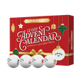 The Callaway 2025 Supersoft 12-Day Advent Calendar Golf Balls box is red with gold and green ornaments, featuring four holiday-themed Callaway Supersoft golf balls—making it the perfect festive gift for golfers.