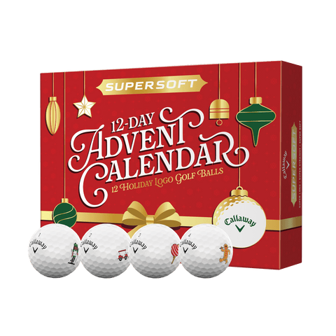 The Callaway 2025 Supersoft 12-Day Advent Calendar Golf Balls box is red with gold and green ornaments, featuring four holiday-themed Callaway Supersoft golf balls—making it the perfect festive gift for golfers.