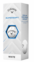 A white box of Callaway 2025 Supersoft Golf Balls features blue and black text, a hexagon cutout showing a low-compression golf ball inside, and an image of a golf ball with HEX Aerodynamics in the lower right corner.