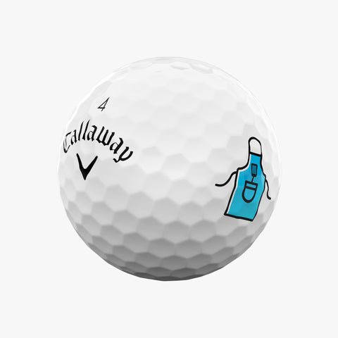 The Callaway 2025 Supersoft Grill Master Golf Ball features a white dimpled cover, number 4, Callaway logo, blue apron graphic, and limited edition soft feel—perfect for every swing.