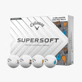 A box of Callaway 2025 Supersoft Grill Master Golf Balls by Callaway, featuring grill-themed designs like utensils and food, with four logo soft feel balls shown in front of the white box with silver accents.