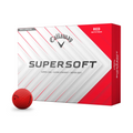 A box of Callaway 2025 Supersoft Matte Colour Golf Balls in red is pictured beside one red ball. The white and red packaging displays the Callaway logo and product name, emphasizing the soft feel of these golf balls.