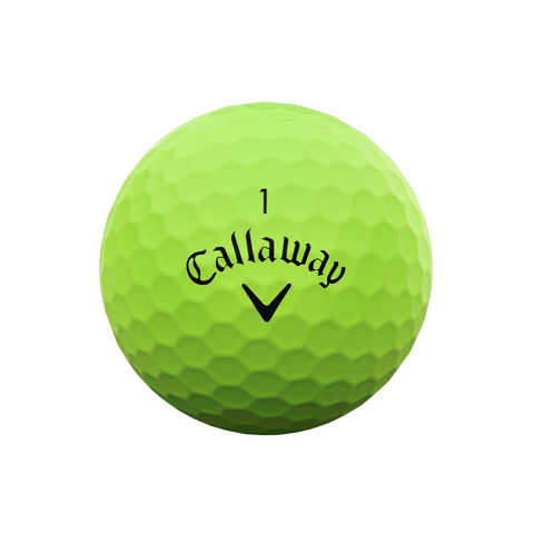 A bright green Callaway 2025 Supersoft Matte Colour Golf Ball with a dimpled surface, black Callaway logo, and the number 1 is shown on a white background. Experience the soft feel of this premium golf ball.