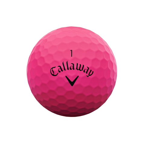 The Callaway 2025 Supersoft Matte Colour Golf Ball in pink features a black Callaway logo and number 1 on its surface, offering the soft feel golfers love, shown against a white background.