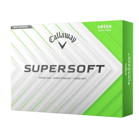 A box of Callaway 2025 Supersoft Matte Colour Golf Balls features a green and white geometric design with "SUPERSOFT, Super Long, Super Straight, Super Soft" and "Green Matte Finish" text—ideal for fans of soft feel golf balls.