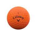 An orange Callaway 2025 Supersoft Matte Colour Golf Ball with a dimpled surface, black "1 Callaway" text, and a black V-shaped logo, shown on a white background.