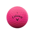 The Callaway 2025 Supersoft Matte Colour Golf Ball in pink features a black Callaway logo and number 1 on its surface, offering the soft feel golfers love, shown against a white background.
