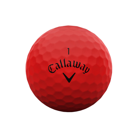 A red Callaway 2025 Supersoft Matte Colour Golf Ball featuring the number 1 and black Callaway logo on its dimpled surface, displayed on white—ideal for golfers who prefer a soft feel ball.