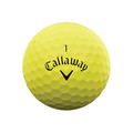 A yellow Callaway 2025 Supersoft Matte Colour Golf Ball features a black “1”, Callaway logo, and chevron under the brand name, all on a white background. Ideal for those seeking soft feel golf balls.