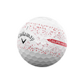 The Callaway 2025 Supersoft Splatter Golf Ball features a white cover with red speckles, black and red branding, and a dimpled surface—ideal for golfers seeking a soft feel ball designed for long distance.
