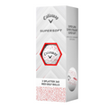 A 3-pack of Callaway 2025 Supersoft Splatter Golf Balls with red dot pattern, featuring the brand logo and “Super Long, Super Straight, Super Soft”—ideal for golfers seeking long distance and soft feel.