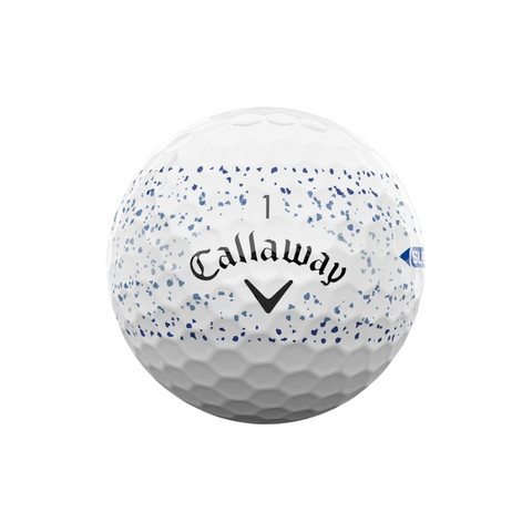 The Callaway 2025 Supersoft Splatter Golf Ball is white with blue speckles, features a dimpled texture for a soft feel, long distance performance, and displays the Callaway logo and the number 1.