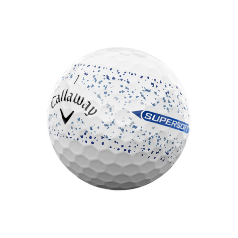 The Callaway 2025 Supersoft Splatter Golf Ball is white with blue speckles, featuring the SUPERSOFT logo in blue and Callaway logo in black. Its soft feel and dimpled texture are designed for long distance and a smooth touch.
