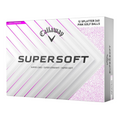 A box of 12 Callaway 2025 Supersoft Splatter Golf Balls in pink features a white and pink geometric design. Labeled Super Long, Super Straight, Super Soft, these Callaway balls offer a soft feel and long distance.