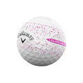 The Callaway 2025 Supersoft Splatter Golf Ball is white with pink speckles and a bold pink stripe featuring white SUPERSOFT text, designed by Callaway for a soft feel and long-distance performance.