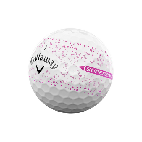 The Callaway 2025 Supersoft Splatter Golf Ball is white with pink speckles and a bold pink stripe featuring white SUPERSOFT text, designed by Callaway for a soft feel and long-distance performance.