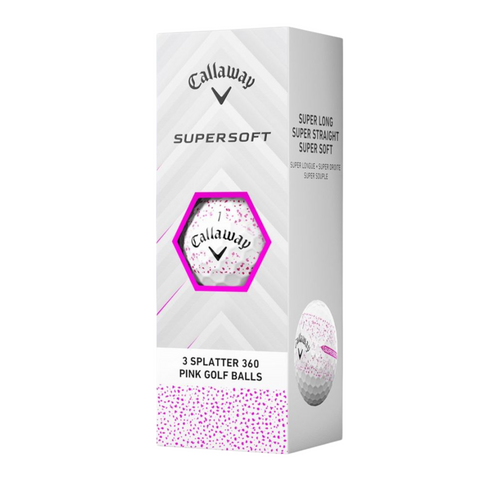 A rectangular white box of Callaway 2025 Supersoft Splatter Golf Balls with pink splatter accents and an image of a long distance Callaway golf ball featuring pink markings.