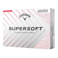 A box of Callaway 2025 Supersoft Splatter Golf Balls features 12 red and white balls in a branded package, highlighting a soft feel design for long-distance performance.