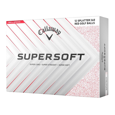A box of Callaway 2025 Supersoft Splatter Golf Balls features 12 red and white balls in a branded package, highlighting a soft feel design for long-distance performance.