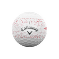 The Callaway 2025 Supersoft Splatter Golf Ball features a white cover with red speckles, a number 1 above the Callaway logo, and a small red SL label—perfect for golfers wanting long distance and soft feel.