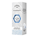 A white rectangular box of Callaway 2025 Supersoft Splatter Golf Balls features blue splatter graphics, a window showing a soft ball inside, and text reading “3 Splatter 360 Blue Golf Balls.”.