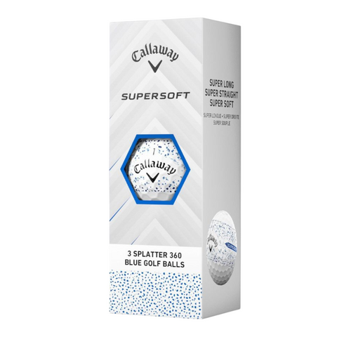 A white rectangular box of Callaway 2025 Supersoft Splatter Golf Balls features blue splatter graphics, a window showing a soft ball inside, and text reading “3 Splatter 360 Blue Golf Balls.”.