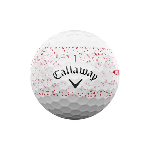 A red Callaway 2025 Supersoft Splatter Golf Ball features a black chevron logo, the number 1, and unique red splatter design for golfers seeking soft feel and standout style.