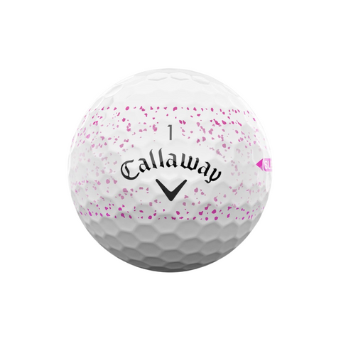 A pink Callaway 2025 Supersoft Splatter Golf Ball with a black Callaway logo, arrow, and the number 1 above the logo offers a soft feel golf ball experience.