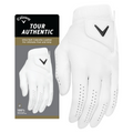 The Callaway 2025 Men's Tour Authentic Golf Glove is shown beside its box, featuring soft Cabretta leather for excellent feel and grip. The white glove displays black Callaway branding and has ventilation holes.