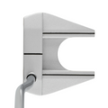 Top-down view of a modern mallet-style putter from the Callaway 2025 Women’s REVA 11-Piece Package Set, featuring a metallic silver finish, black alignment lines, central cutout, and shaft attached at the lower left corner.