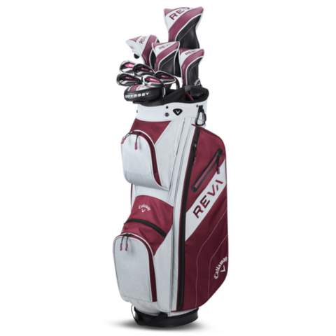 The Callaway 2025 Women’s REVA 11-Piece Package Set features custom fit clubs in matching headcovers and an eggplant bag labeled "REVA," with multiple zippered pockets for storage.