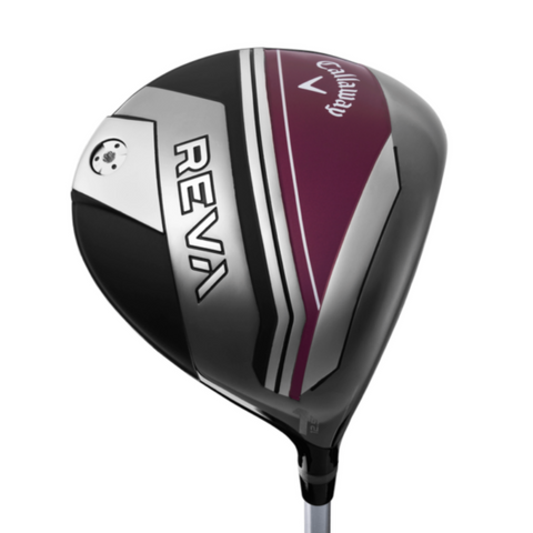 A close-up of the Callaway 2025 Women’s REVA golf driver from the Callaway 2025 Women’s REVA 11-Piece Package Set, showing a sleek silver, black, and burgundy clubhead with REVA and Callaway logos.