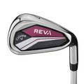 A close-up of a Callaway 2025 Women’s REVA 11-Piece Package Set iron, showing its sleek silver head with purple, black, and white accents and the Callaway logo on the back—a standout club from Callaway’s custom fit lineup.