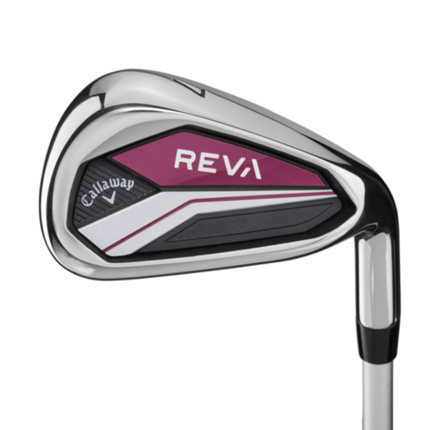 A close-up of a Callaway 2025 Women’s REVA 11-Piece Package Set iron, showing its sleek silver head with purple, black, and white accents and the Callaway logo on the back—a standout club from Callaway’s custom fit lineup.