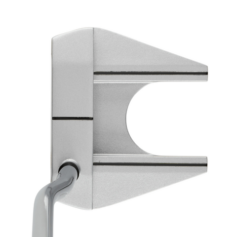 Top-down view of a modern mallet-style putter from the Callaway 2025 Women’s REVA 11-Piece Package Set, featuring a metallic silver finish, black alignment lines, central cutout, and shaft attached at the lower left corner.