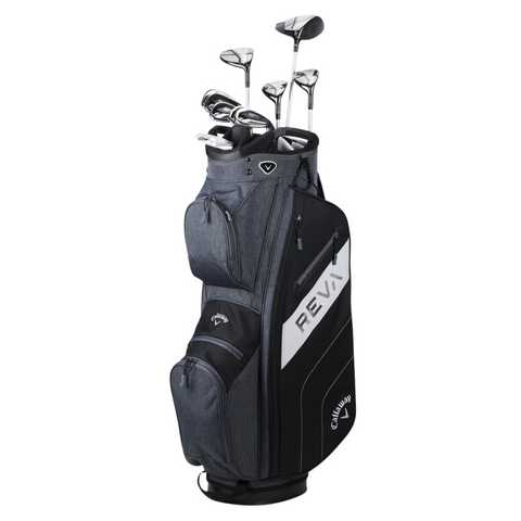 A black and gray Callaway 2025 Women’s REVA 11-Piece Package Set golf bag, labeled REVA, stands upright on a white background holding custom-fit clubs with silver heads and black and silver shafts.