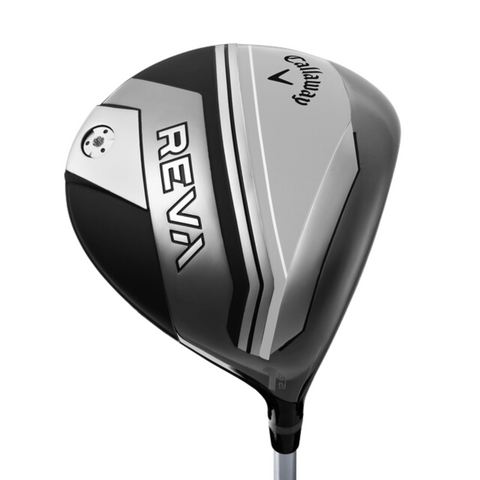 A close-up of the Callaway 2025 Women’s REVA 11-Piece Package Set driver, featuring a sleek silver, black, and dark gray design with "REVA" and the Callaway logo on the clubhead—ideal for women golf enthusiasts.