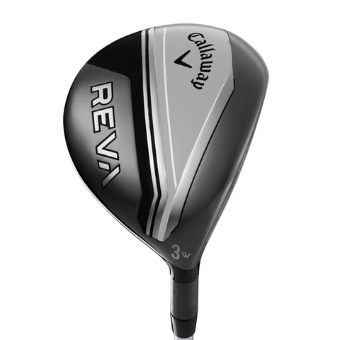 A close-up of a Callaway 3-wood club head from the 2025 Women’s REVA 11-Piece Package Set features a sleek black and silver design, branded detailing, and a textured shaft grip.