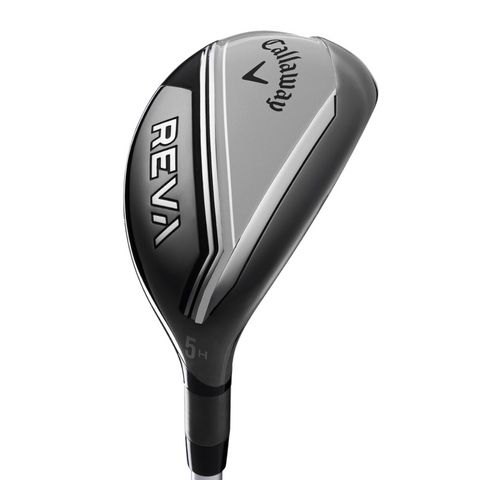 A close-up of a Callaway 2025 Women’s REVA 11-Piece Package Set club head, showcasing a sleek silver and black design with the Callaway logo—ideal for golfers seeking a stylish, custom fit package.