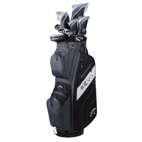 The Callaway 2025 Women’s REVA 11-Piece Package Set includes custom-fit golf clubs in a black bag with multiple compartments. Head covers feature the Callaway logo, highlighting a sleek and functional design.