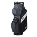A black and gray Callaway golf bag with REVA on the side stands upright, featuring zippered pockets and designed to match the Callaway 2025 Women’s REVA 11-Piece Package Set | Left-Handed.